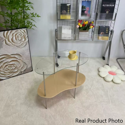 Table basse moderne en métal à deux niveaux avec plateau en acrylique incurvé pour salon 