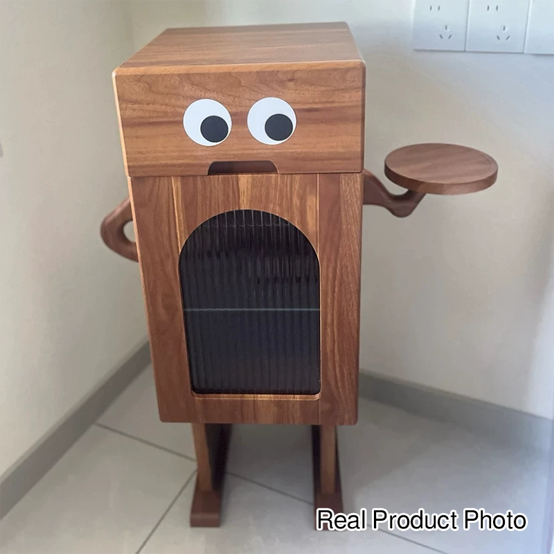 Contemporary Creative Robot Square Rubberwood Glass Metal Nightstand 1-Cabinet For Bedroom