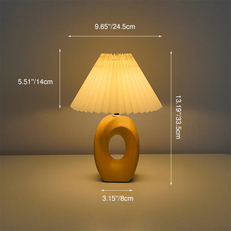Traditionelle japanische plissierte Stoffschirm Holzmaserung Keramikbasis USB LED Tischlampe für den Nachttisch 