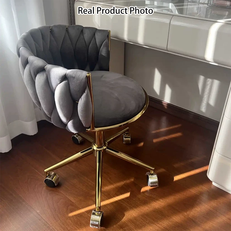 Contemporary Luxury Round Velvet Fabric Adjustable Height Vanity Stool Tufted Backrest For Bedroom
