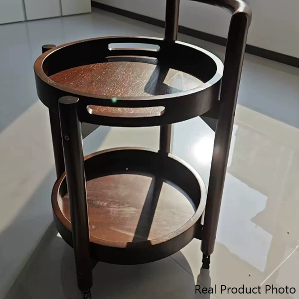 Chariot roulant à 2 niveaux avec plateau rond traditionnel en bois massif pour salon 