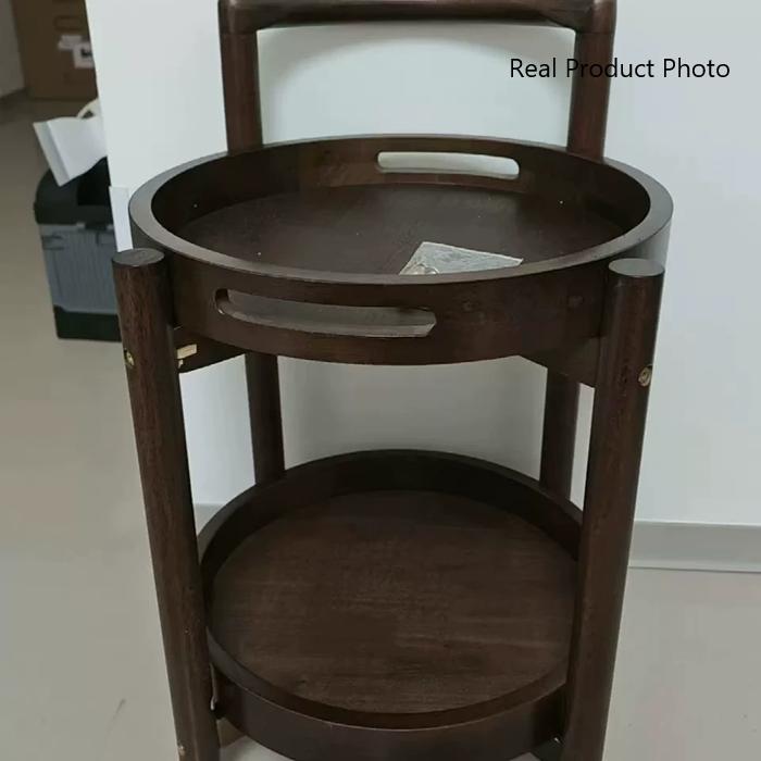 Chariot roulant à 2 niveaux avec plateau rond traditionnel en bois massif pour salon 