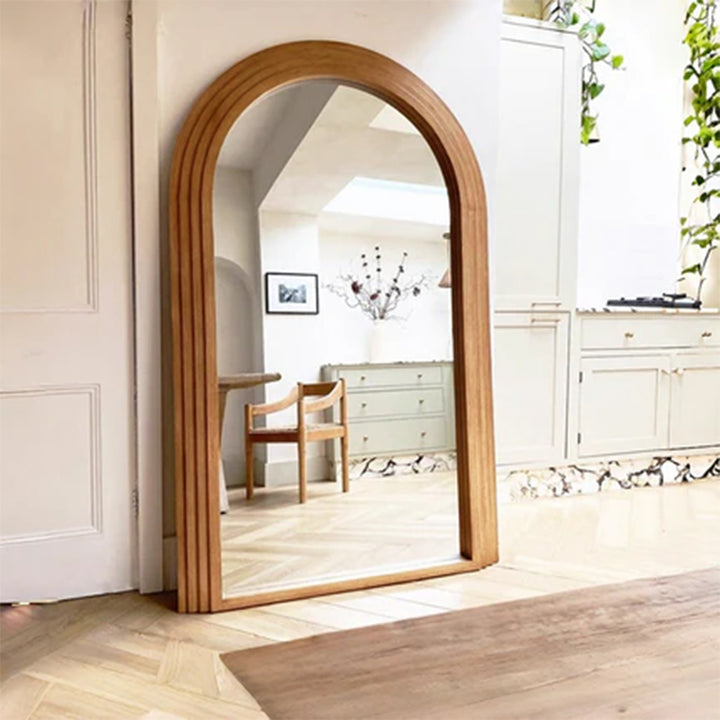 Contemporary Retro Solid Wood &amp; MDF Arched Leaning Full-Length Mirror For Bedroom &amp; Living Room Elegant Floor Mirror