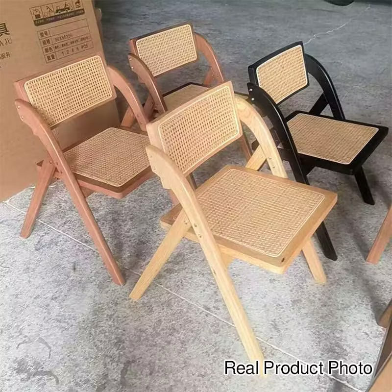 Silla de comedor vintage tradicional cuadrada de ratán PE y madera de caucho con respaldo para comedor 