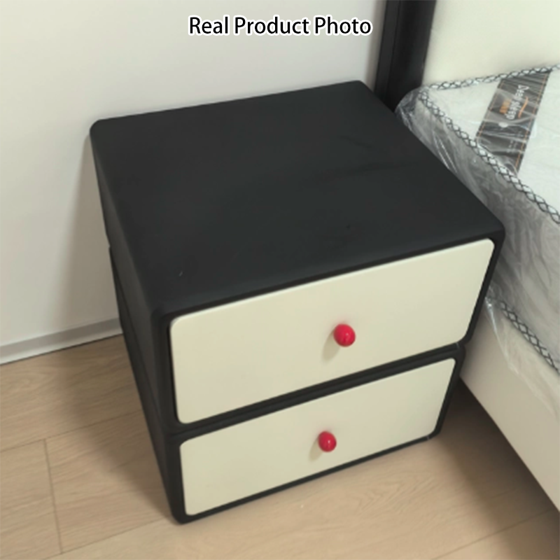 Modern Minimalist Square Tabletop Solid Wood Ceramic Cat Scratch Leather Nightstand 2-Drawer For Bedroom
