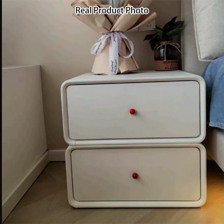 Modern Minimalist Square Tabletop Solid Wood Ceramic Cat Scratch Leather Nightstand 2-Drawer For Bedroom