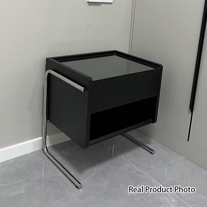 Table de nuit contemporaine scandinave rectangulaire en bois massif inox et verre 1 tiroir pour chambre 
