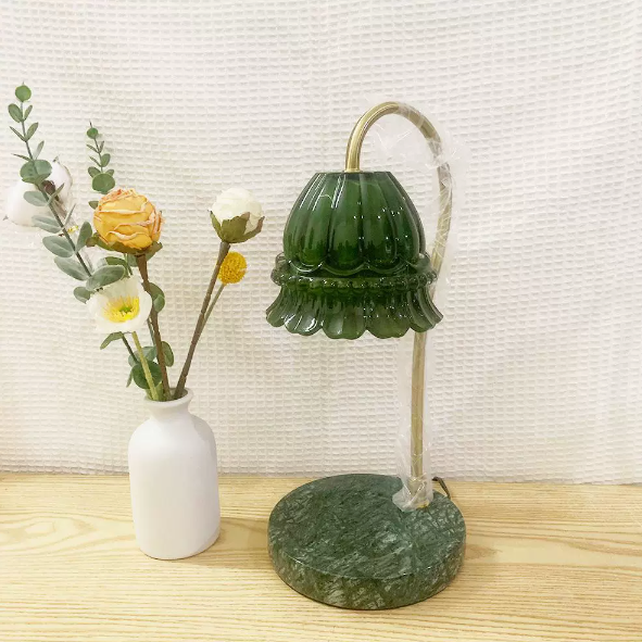Traditional Vintage Green Glass Marble Flowers Round 1-Light Melting Wax Table Lamp for Bedroom