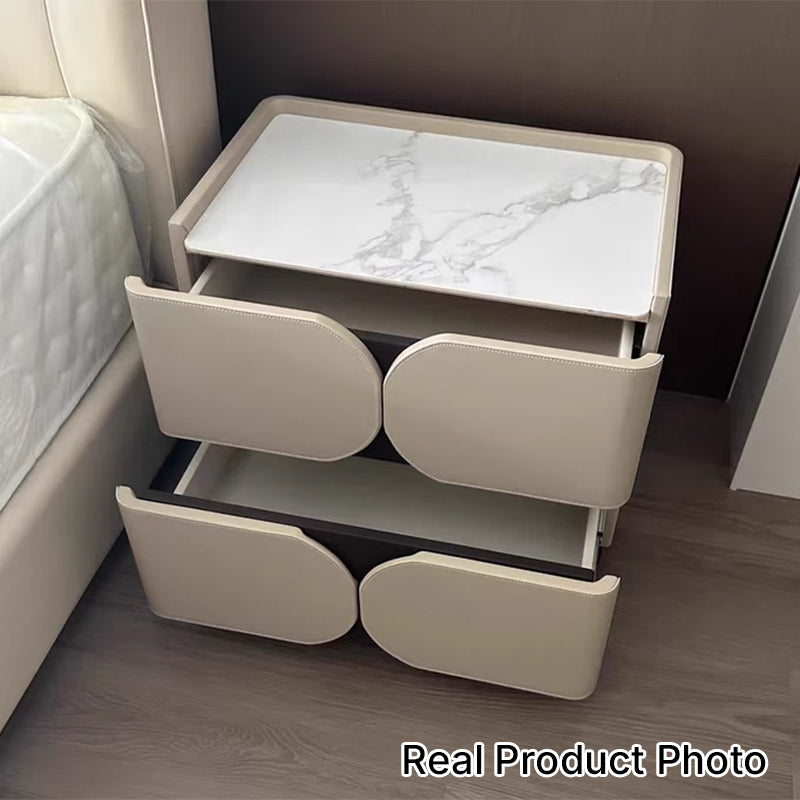 Table de chevet contemporaine nordique en cube carré en faux cuir de selle en bois massif avec matériel à 2 tiroirs pour chambre 