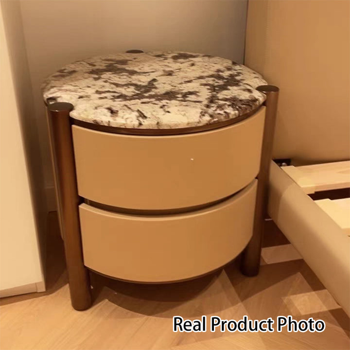 Modern Luxury Round Tabletop Marble Plywood Stainless Steel Microfiber Leather Nightstand 2-Drawer For Bedroom