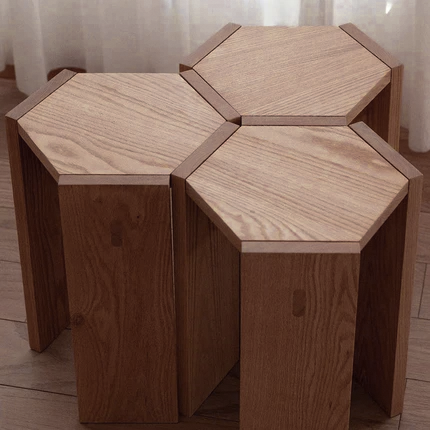 Simplicité Moderne Tabouret Bas Hexagonal en Bois Massif en Forme de Nid d&