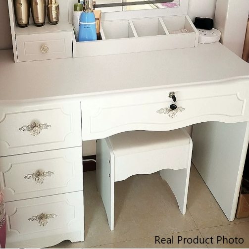 Contemporary Luxury Rectangular Medium Density Fiberboard Glass Makeup Vanity 5-Drawer For Bedroom