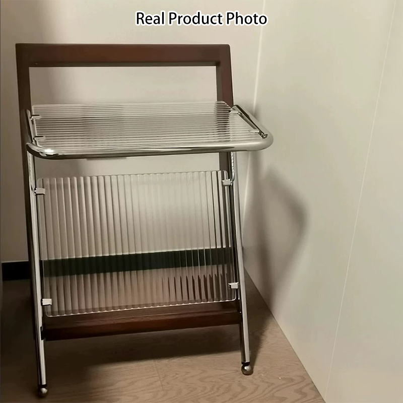 Mesa auxiliar contemporánea retro geométrica de vidrio, madera de caucho y acero inoxidable de 1 nivel para sala de estar 