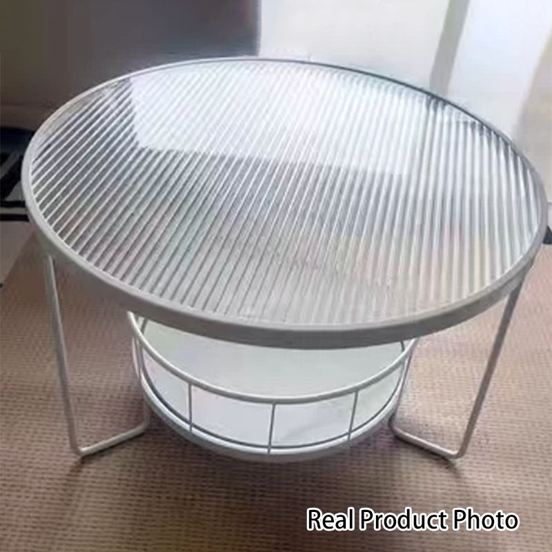 Modern Minimalist Round Tabletop Metal Tempered Glass Coffee Table 1-Shelf For Living Room