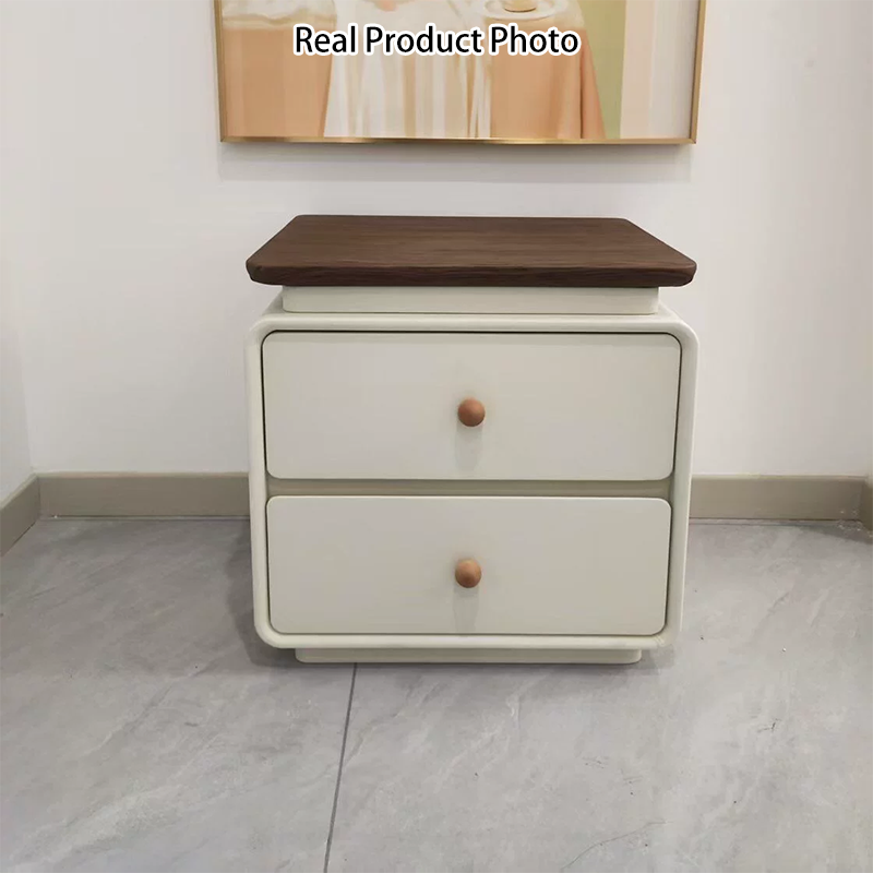 Modern Minimalist Solid Wood &amp; Plywood Faux Leather Square Nightstand 2-Drawer For Bedroom