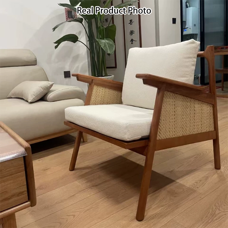 Silla de acento contemporánea de ratán cuadrada escandinava de madera de fresno con respaldo para sala de estar 