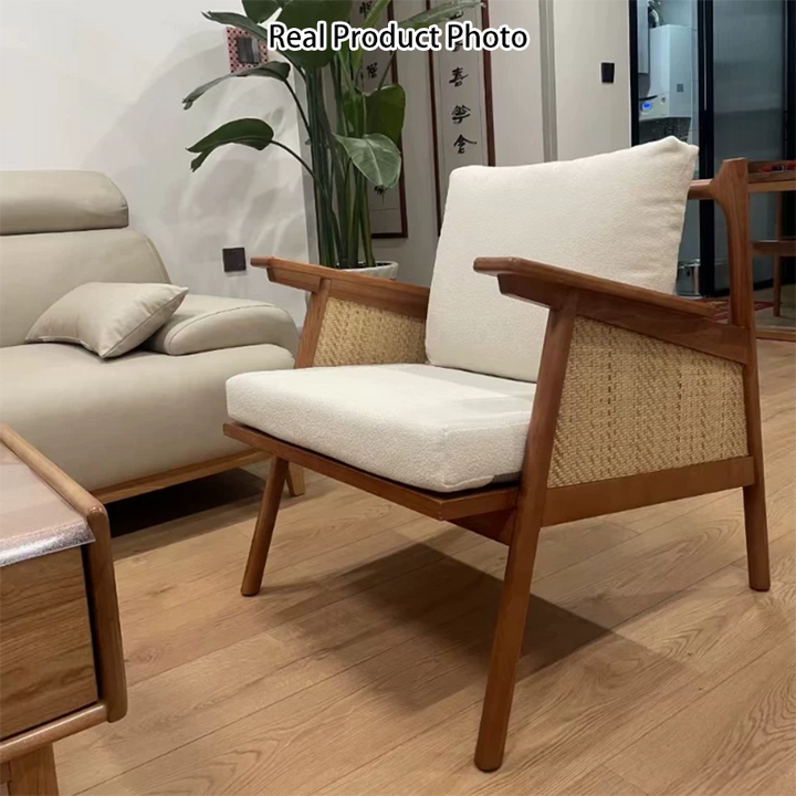 Silla de acento contemporánea de ratán cuadrada escandinava de madera de fresno con respaldo para sala de estar 