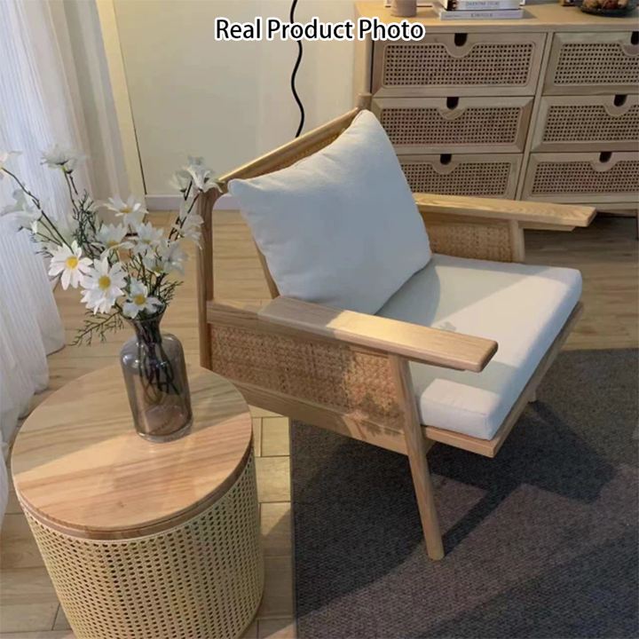 Silla de acento contemporánea de ratán cuadrada escandinava de madera de fresno con respaldo para sala de estar 