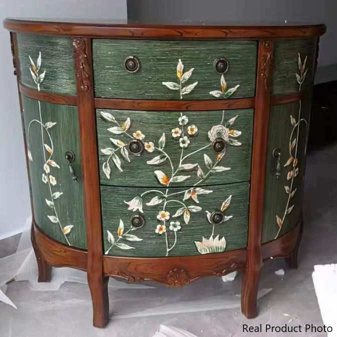 Consola semicircular tradicional europea de MDF con patas de madera de caucho estilo mediterráneo pintadas a mano, armario de almacenamiento de 3 cajones para recibidor 