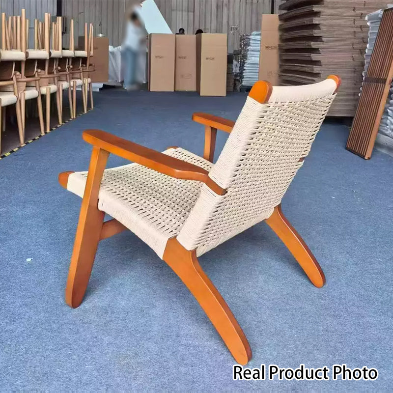 Traditional Japanese Square Ash Wood Kraft Paper Rope Dining Chair Backrest Armrest For Dining Room