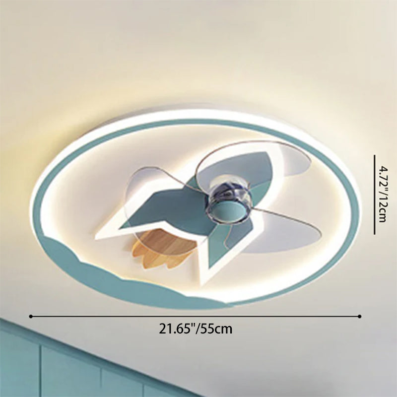 Contemporary Creative Iron Acrylic Round Airplane-shaped Kids LED Flush Mount Ceiling Fan Light For Bedroom