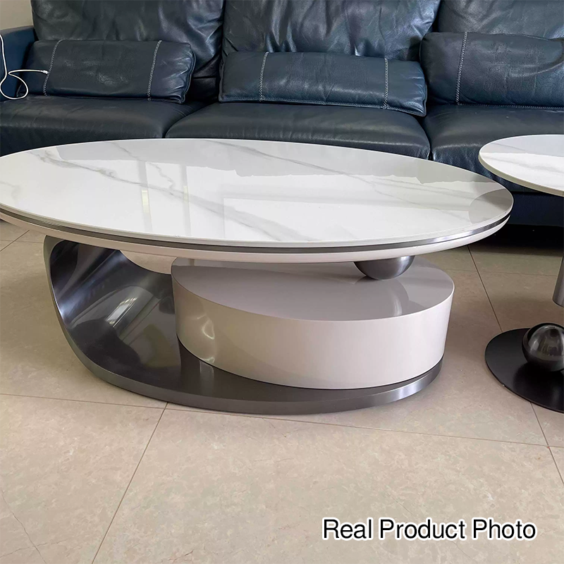 Table basse ovale moderne de luxe en acier inoxydable avec plateau en pierre et 1 tiroir pour salon 