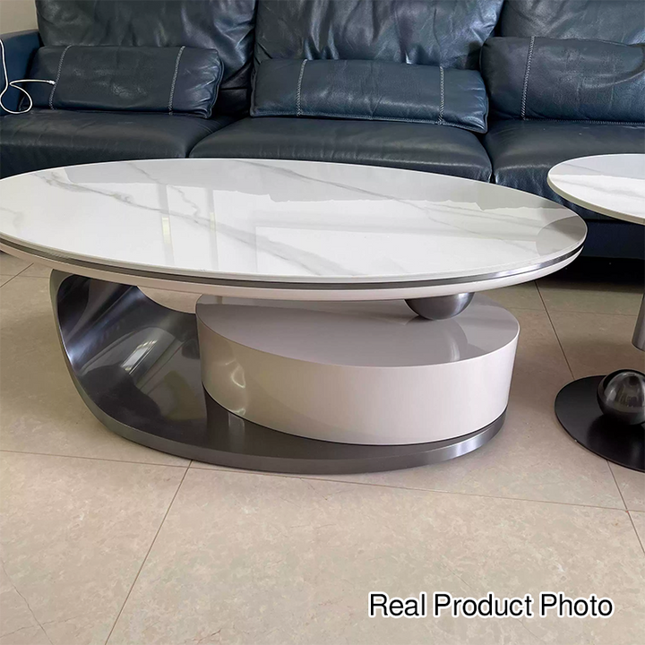 Table basse ovale moderne de luxe en acier inoxydable avec plateau en pierre et 1 tiroir pour salon 