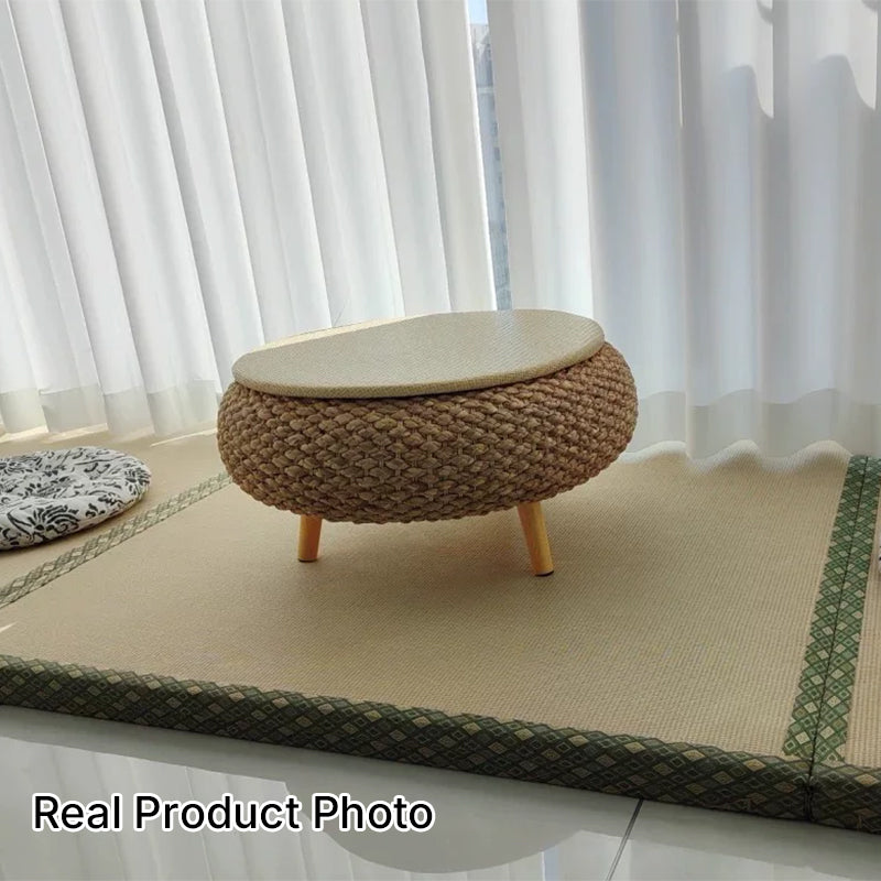 Traditional Japanese Round Daffodil Rattan Solid Wood Coffee Table 1-Storage For Living Room