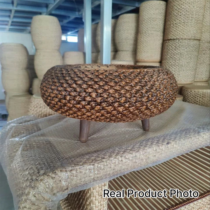 Traditional Japanese Round Daffodil Rattan Solid Wood Coffee Table 1-Storage For Living Room
