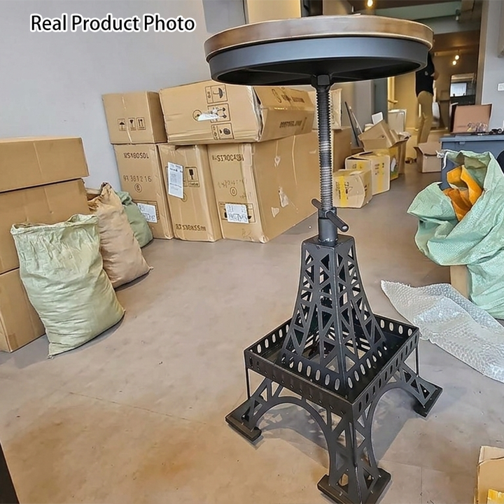 Contemporary Creative Round Pine Wood Iron Eiffel Tower Design Height Adjustable Swivel Bar Stool Footrest For Dining Room