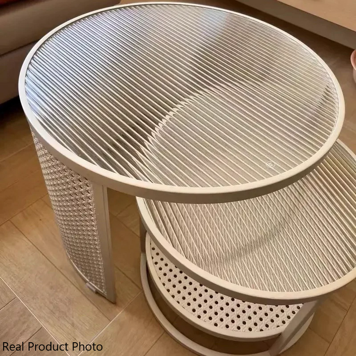 Mesa de centro contemporánea de lujo con tapa redonda de vidrio estriado y estructura de hierro para salón 