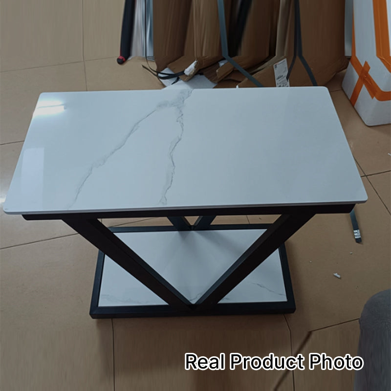 Contemporary Nordic Rectangular Rock Slab Carbon Steel Coffee Table 2- Tier For Living Room