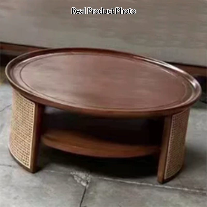 Traditioneller runder Couchtisch im japanischen Stil aus Eschenholz, Rattan und Sperrholz mit 2 Ebenen für das Wohnzimmer 