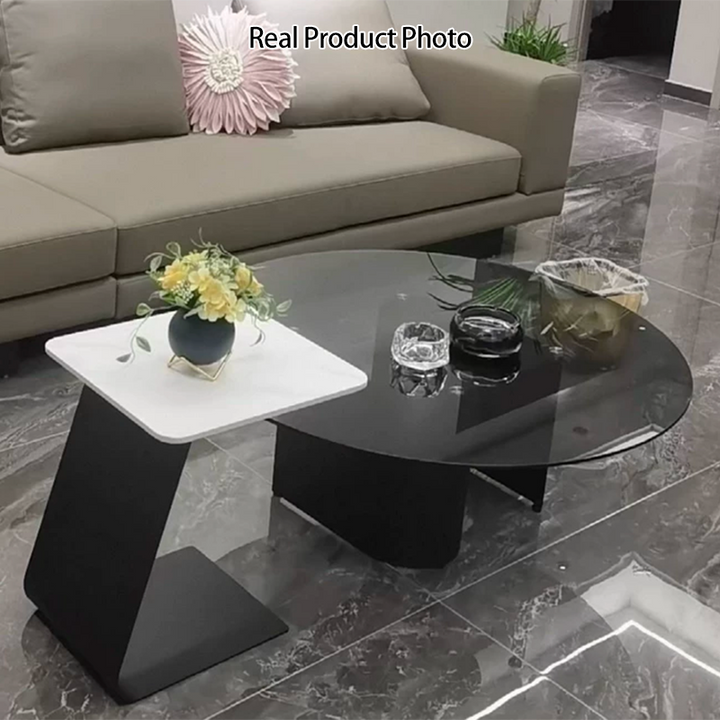 Moderner minimalistischer runder quadratischer Couchtisch aus Glas, Steinplatte und Karbonstahl mit 1 Ebene für das Wohnzimmer 