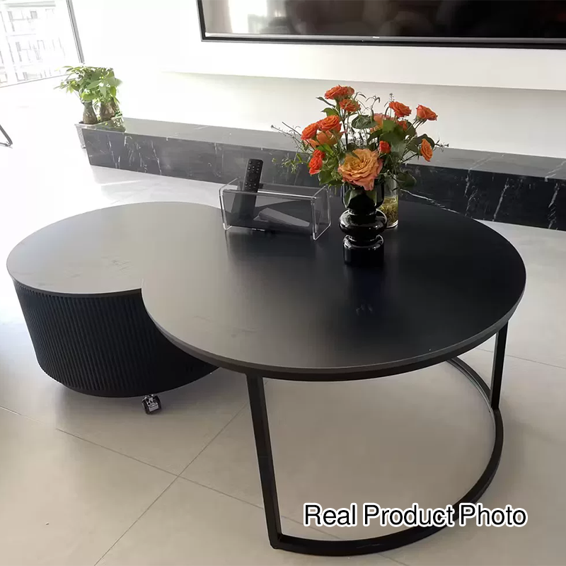 Table basse contemporaine de luxe ronde en dalle de pierre, bois de pin, PVC, fer et MDF, mobile, ensemble de 2 tiroirs pour salon 