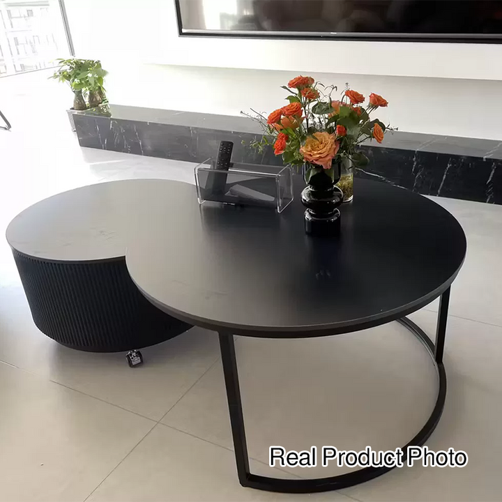 Table basse contemporaine de luxe ronde en dalle de pierre, bois de pin, PVC, fer et MDF, mobile, ensemble de 2 tiroirs pour salon 
