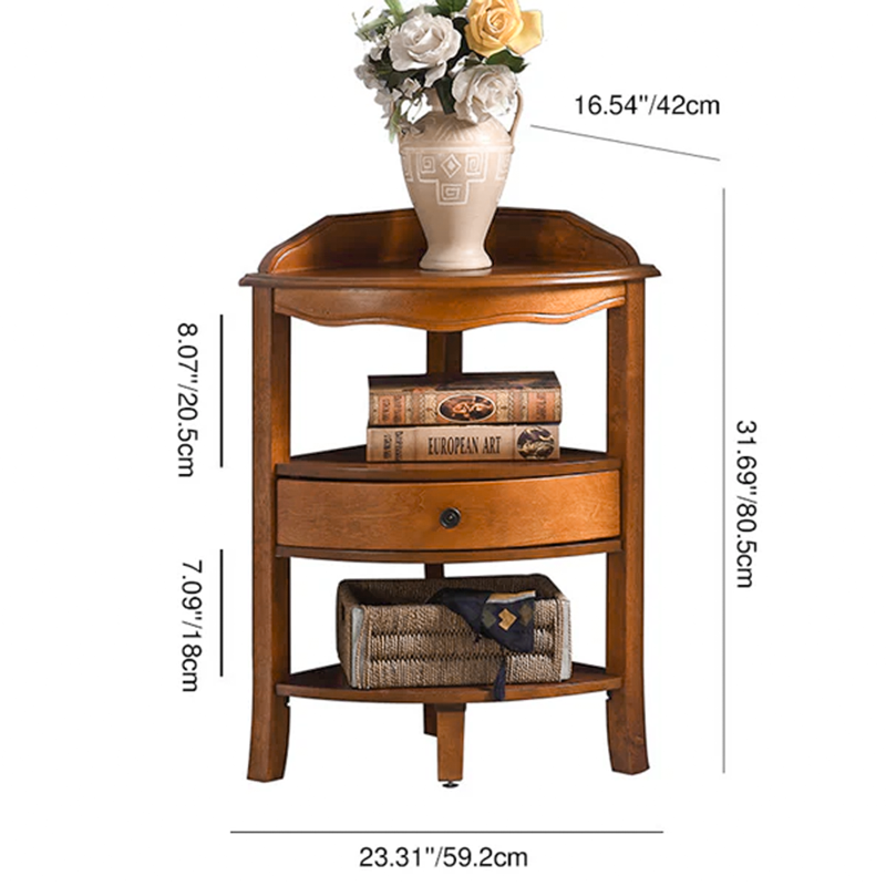 Traditional Chinese Triangular Fan-Shaped Birch Corner Shelf Unit 1-Drawer For Living Room