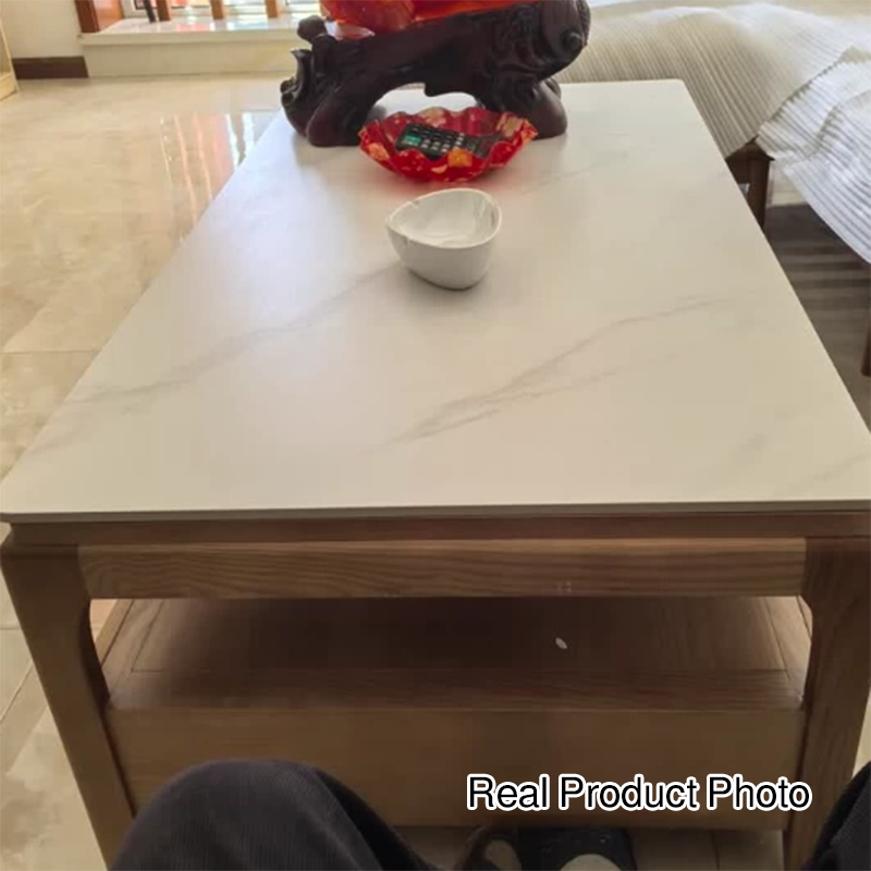 Traditioneller rechteckiger Couchtisch aus chinesischem Eschenholz und Steinplatte mit 1 Ablage für das Wohnzimmer 
