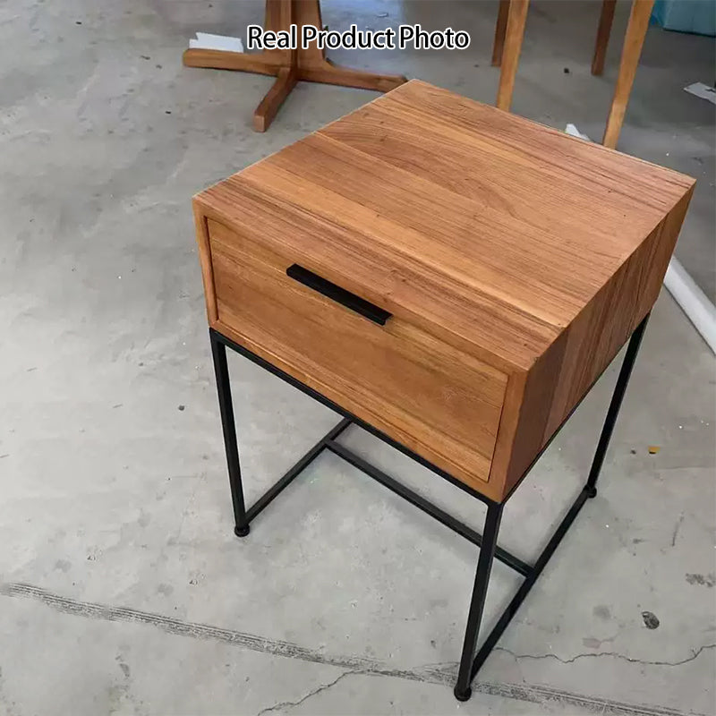 Mesita de noche rectangular tradicional japonesa de madera de olmo con base de hierro y 1 cajón para dormitorio 