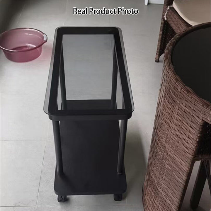 Contemporary Simplicity Rectangular Glass Top Iron End Table 2-Tier Casters For Living Room