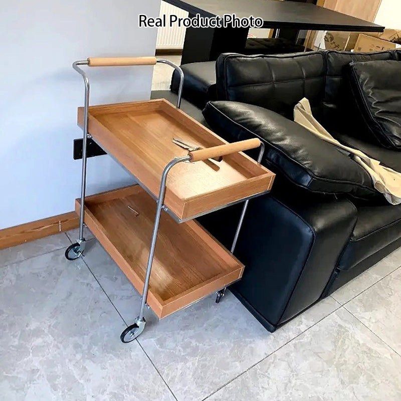 Contemporary Retro Rectangular Pine Tray Top Stainless Steel End Table 2-Tier Rolling Cart For Living Room