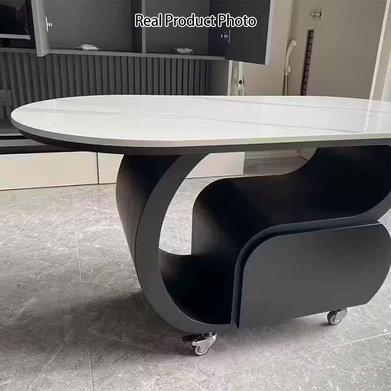 Zeitgemäßer nordischer verschiebbarer ovaler Couchtisch aus umweltfreundlichem Holzwerkstoff mit Steinplatte und Beschlägen aus Karbonstahl, 1 Schublade, für das Wohnzimmer 