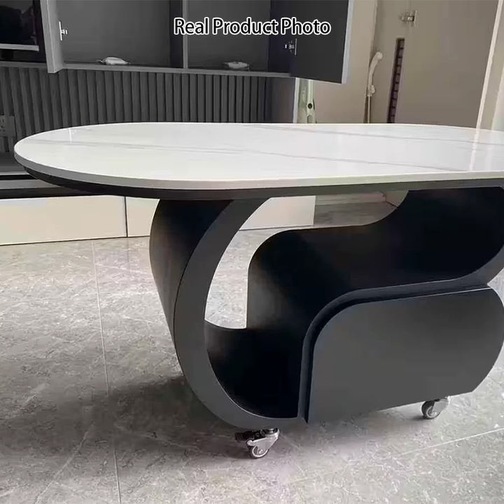 Zeitgemäßer nordischer verschiebbarer ovaler Couchtisch aus umweltfreundlichem Holzwerkstoff mit Steinplatte und Beschlägen aus Karbonstahl, 1 Schublade, für das Wohnzimmer 