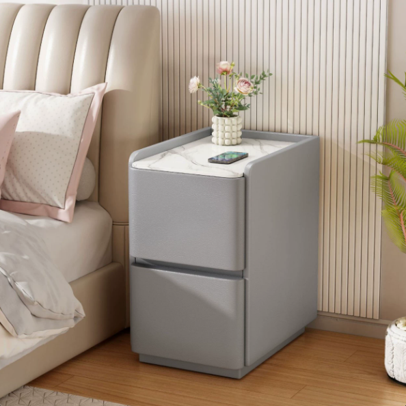 Modern Minimalist Rectangular Tabletop Sintered Stone MDF Faux Leather 2-Drawer For Bedroom