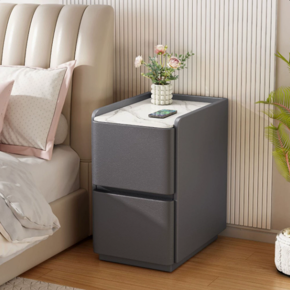 Modern Minimalist Rectangular Tabletop Sintered Stone MDF Faux Leather 2-Drawer For Bedroom