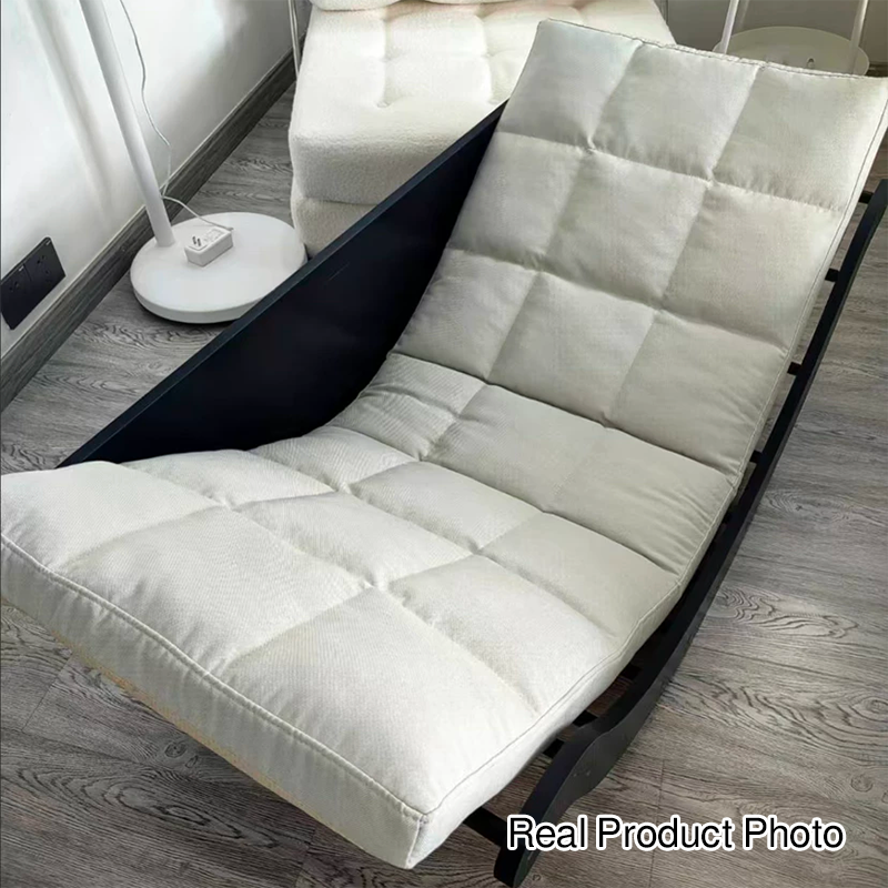 Moderner nordischer Schaukelstuhl in Mondboot-Form aus Kunstleder, Baumwoll-Leinen und HDF mit Rückenlehne für Wohnzimmer &amp; Schlafzimmer 