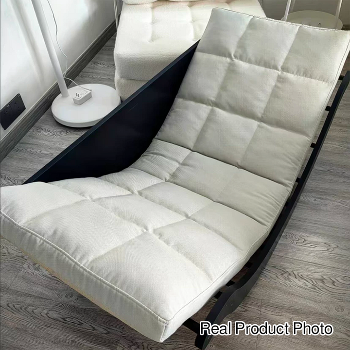 Moderner nordischer Schaukelstuhl in Mondboot-Form aus Kunstleder, Baumwoll-Leinen und HDF mit Rückenlehne für Wohnzimmer &amp; Schlafzimmer 