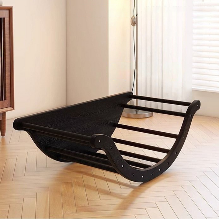 Moderner nordischer Schaukelstuhl in Mondboot-Form aus Kunstleder, Baumwoll-Leinen und HDF mit Rückenlehne für Wohnzimmer &amp; Schlafzimmer 