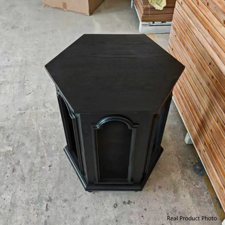 Mesa auxiliar moderna de estilo Mid-Century con diseño de arco calado, en MDF y madera de pino negra, con 1 compartimento de almacenamiento, para sala de estar 
