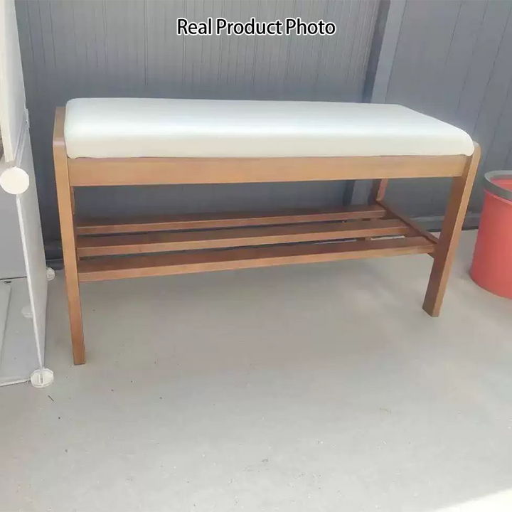 Banco zapatero rectangular de madera de caucho y cuero antirrayaduras estilo escandinavo contemporáneo con 1 estante para recibidores 
